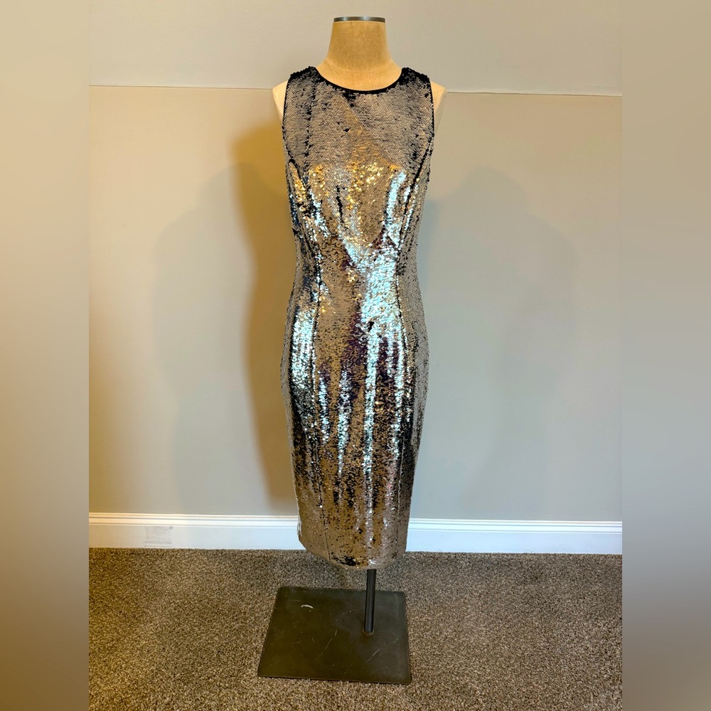 New York & Company Metallic Silver Sequin Midi Dress is a size Medium.